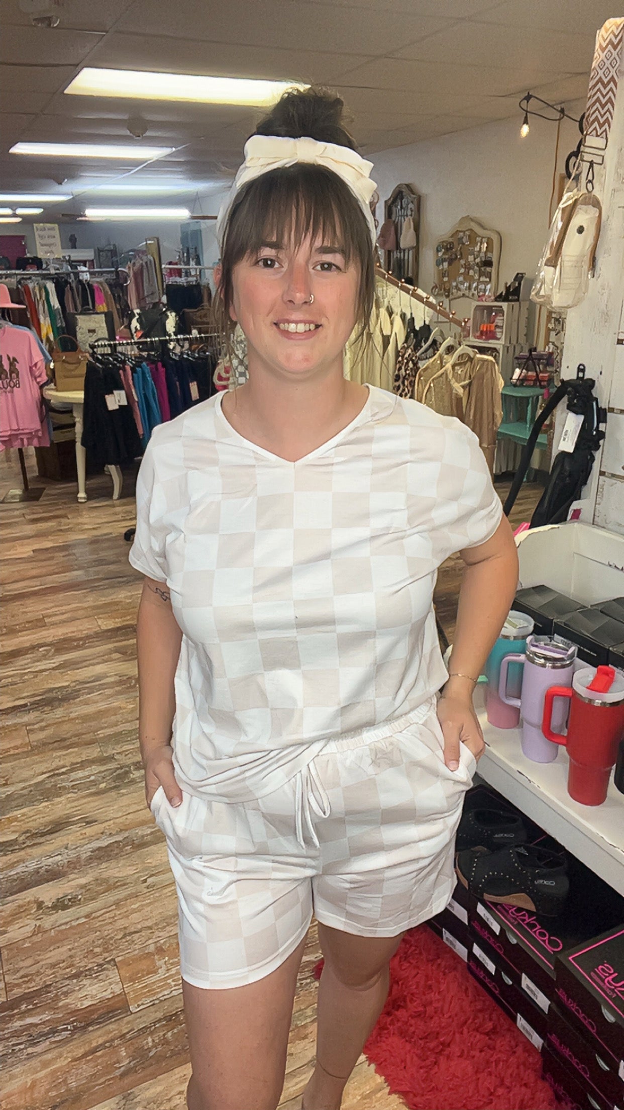 Checkered V-Neck Tee and Drawstring Short Set