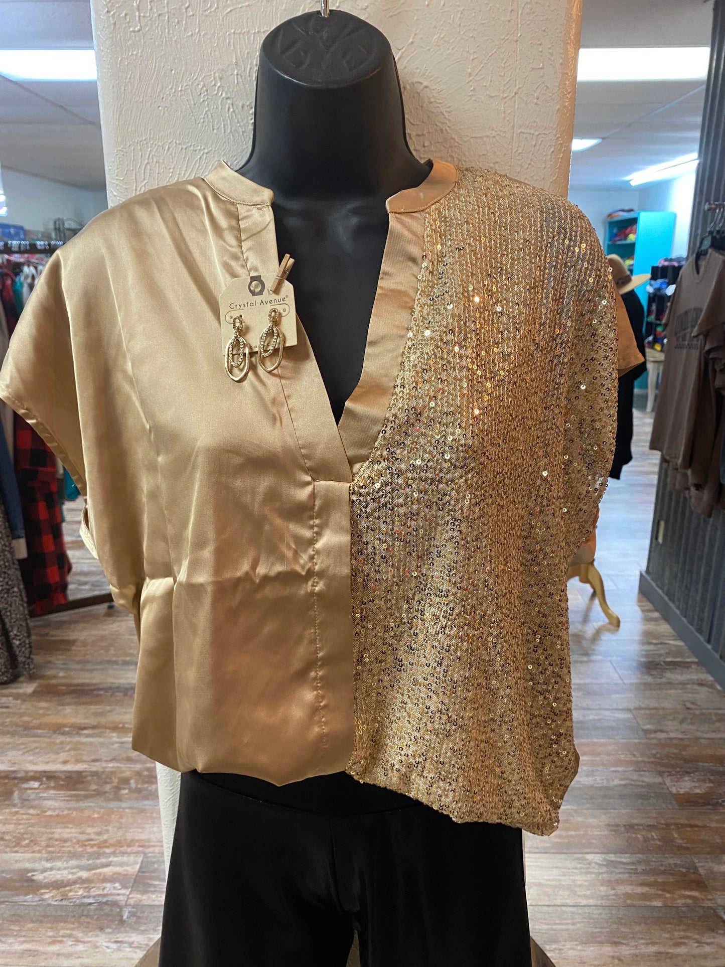 Gold Short Sleeve Sequin Satin V-Neck Top