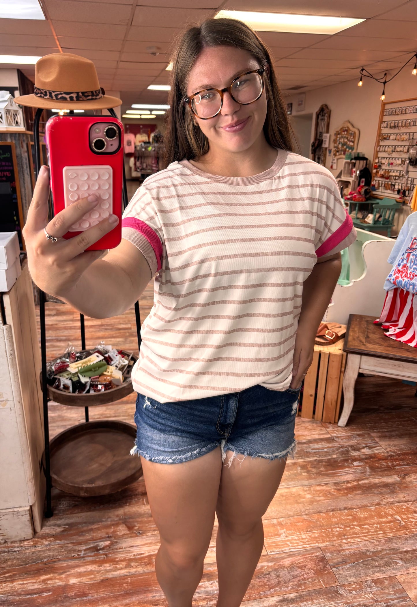 Striped Colorblock Trim Short Sleeve Top