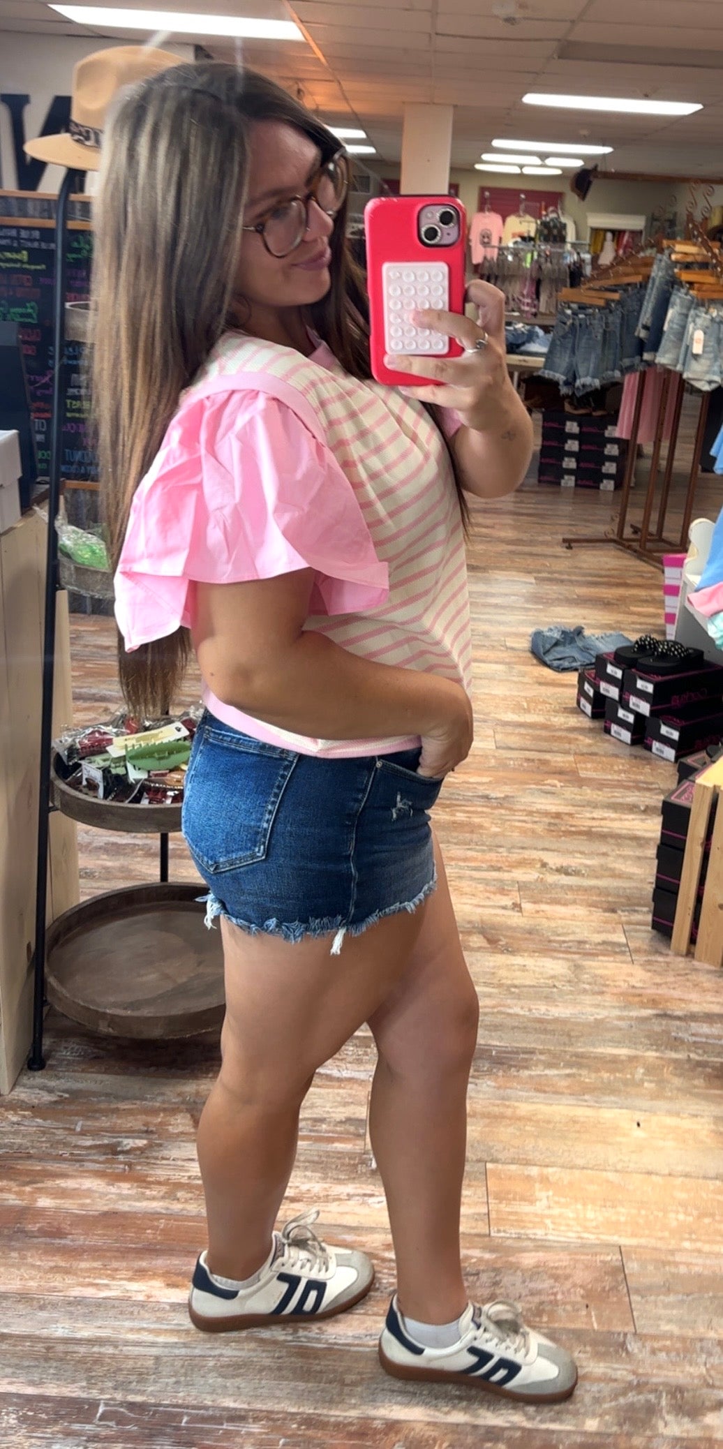 Striped Pink Ruffle Short Sleeve Top