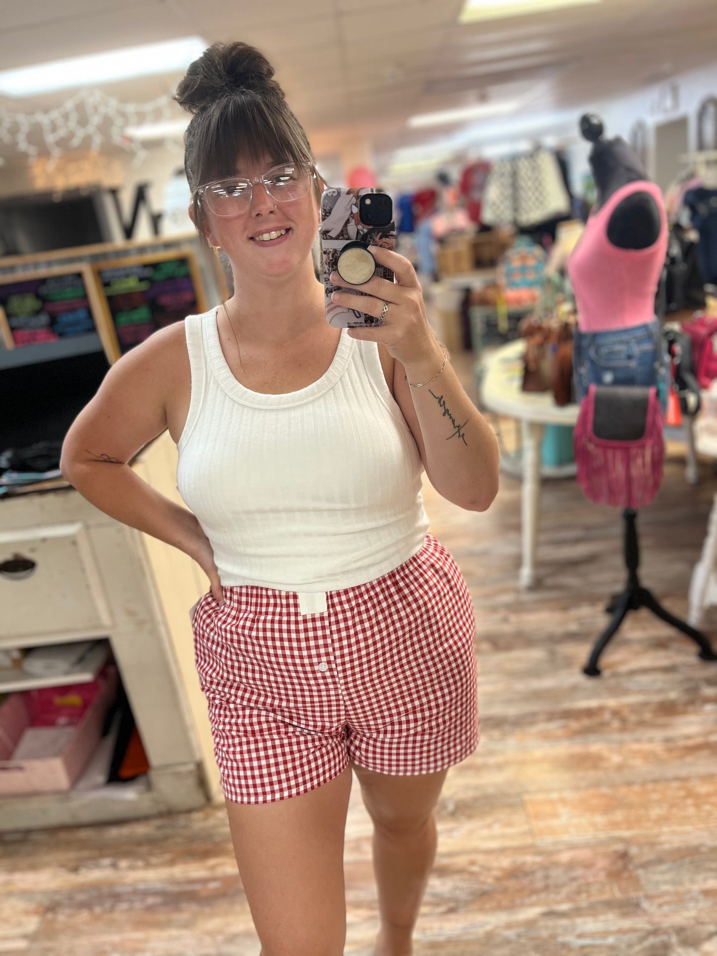 Red Plaid Gingham High Waist Shorts