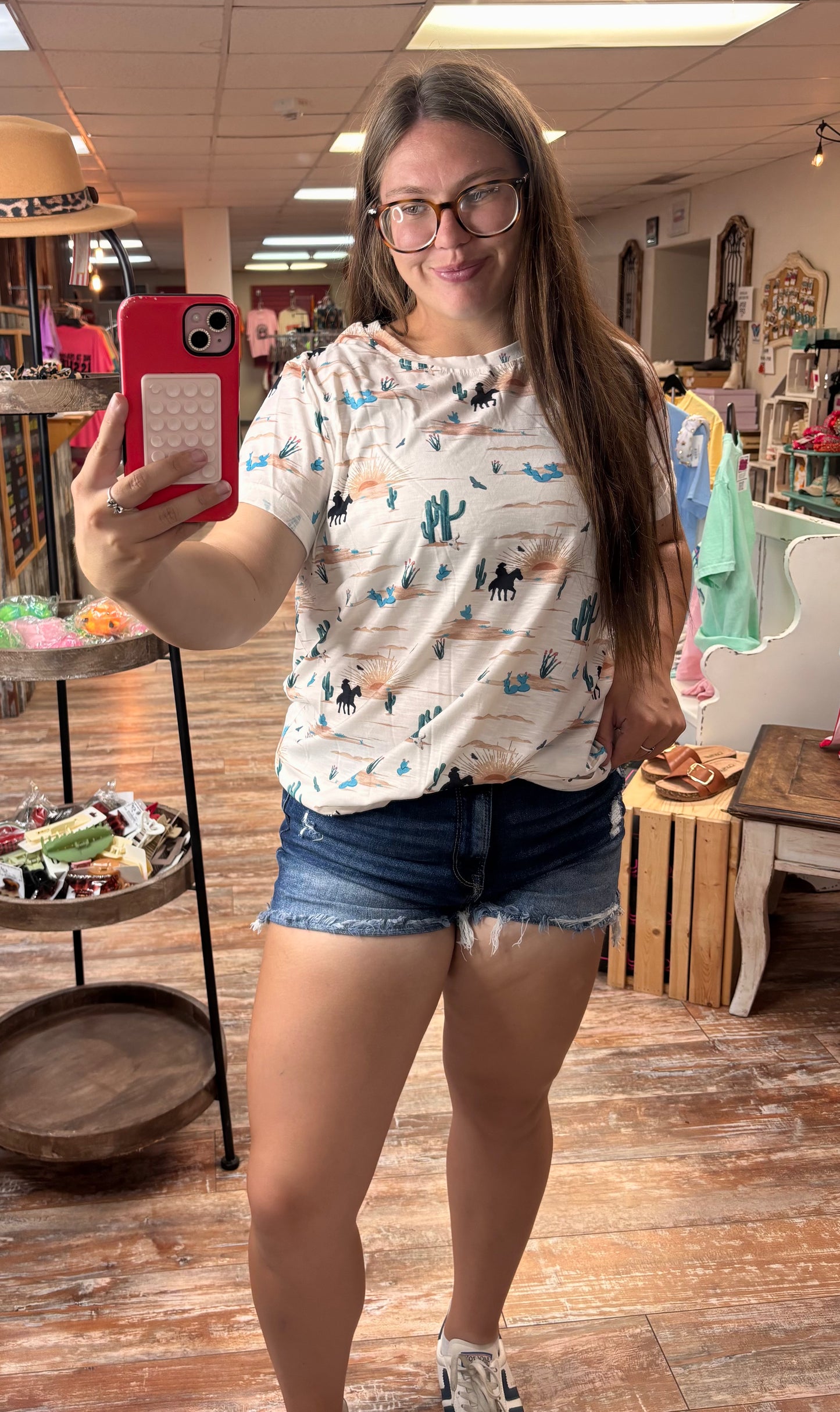Beige Western Cactus Print Short Sleeve Top