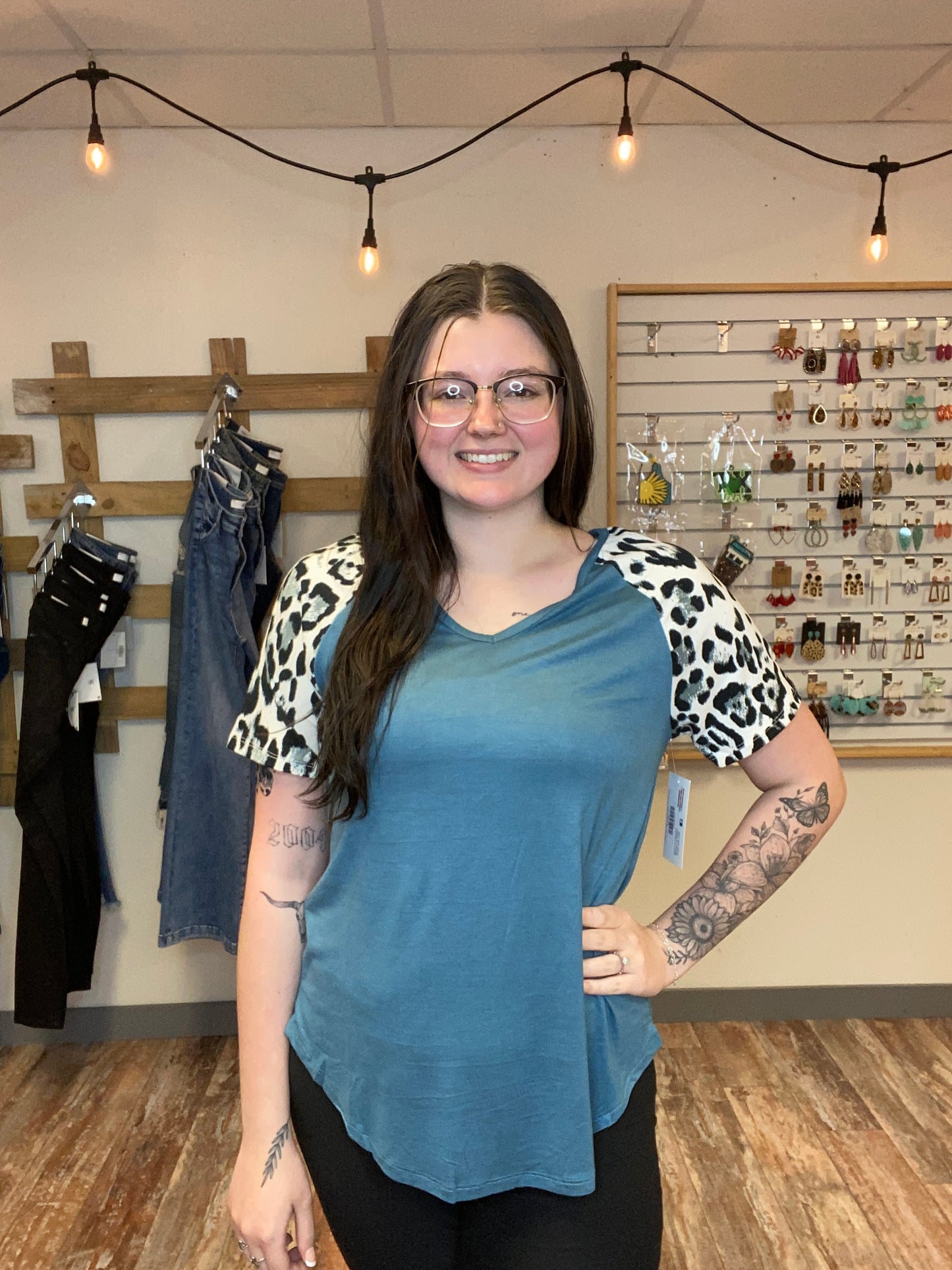 V-Neck Top with Animal Print On Sleeves