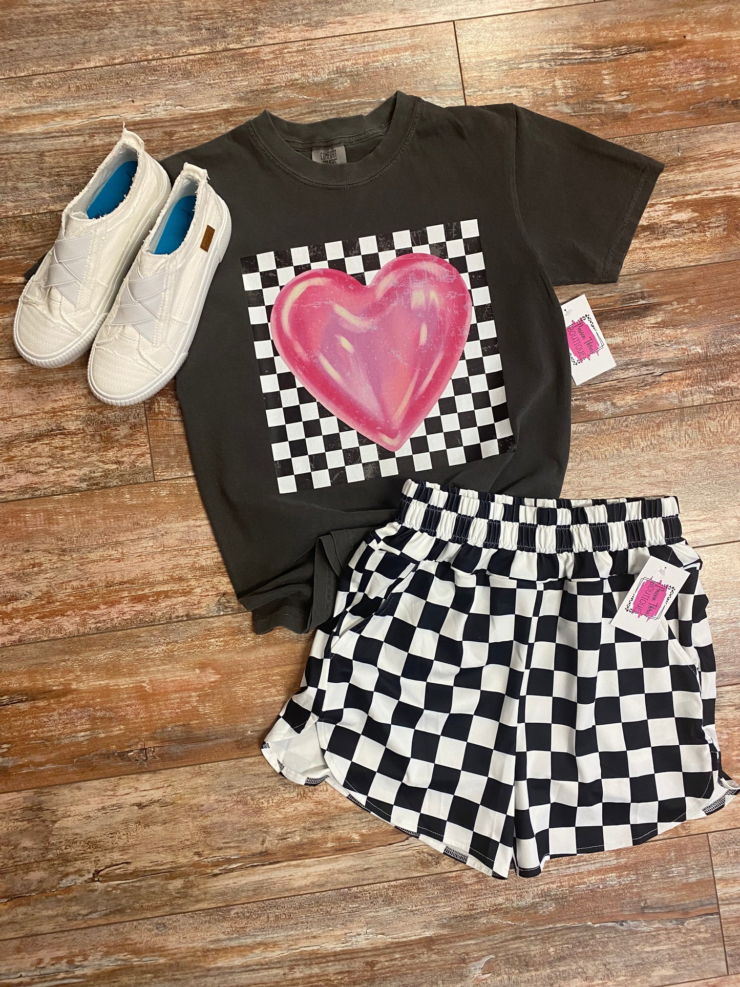 Comfort Color Pink Checkered With Heart Tee