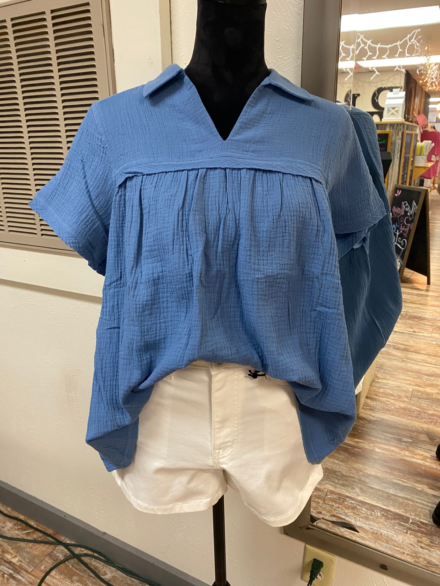 Denim Gauze V-Cut Short Sleeve Top