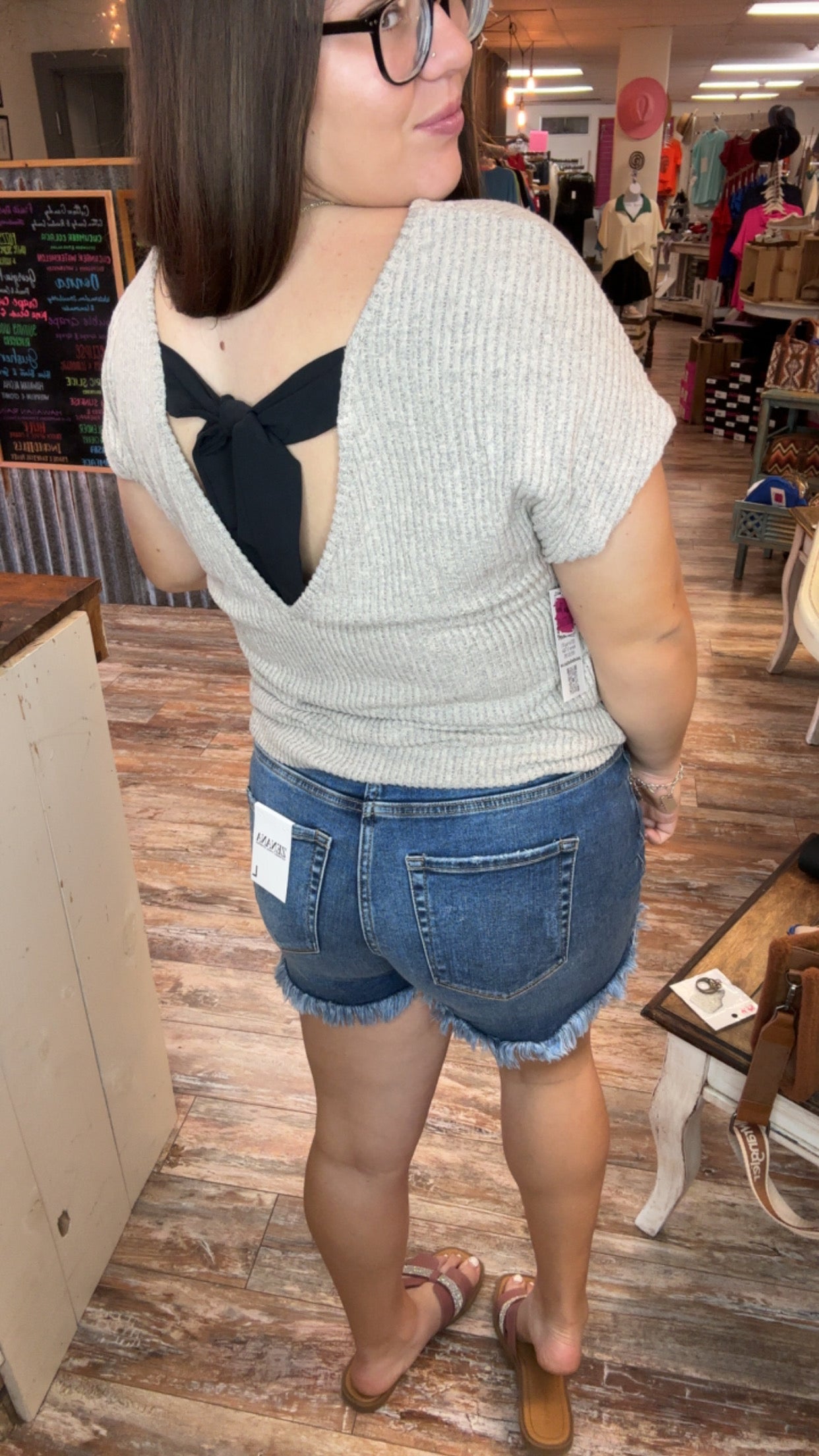 Ribbed Short Sleeve Color Block Bow Top