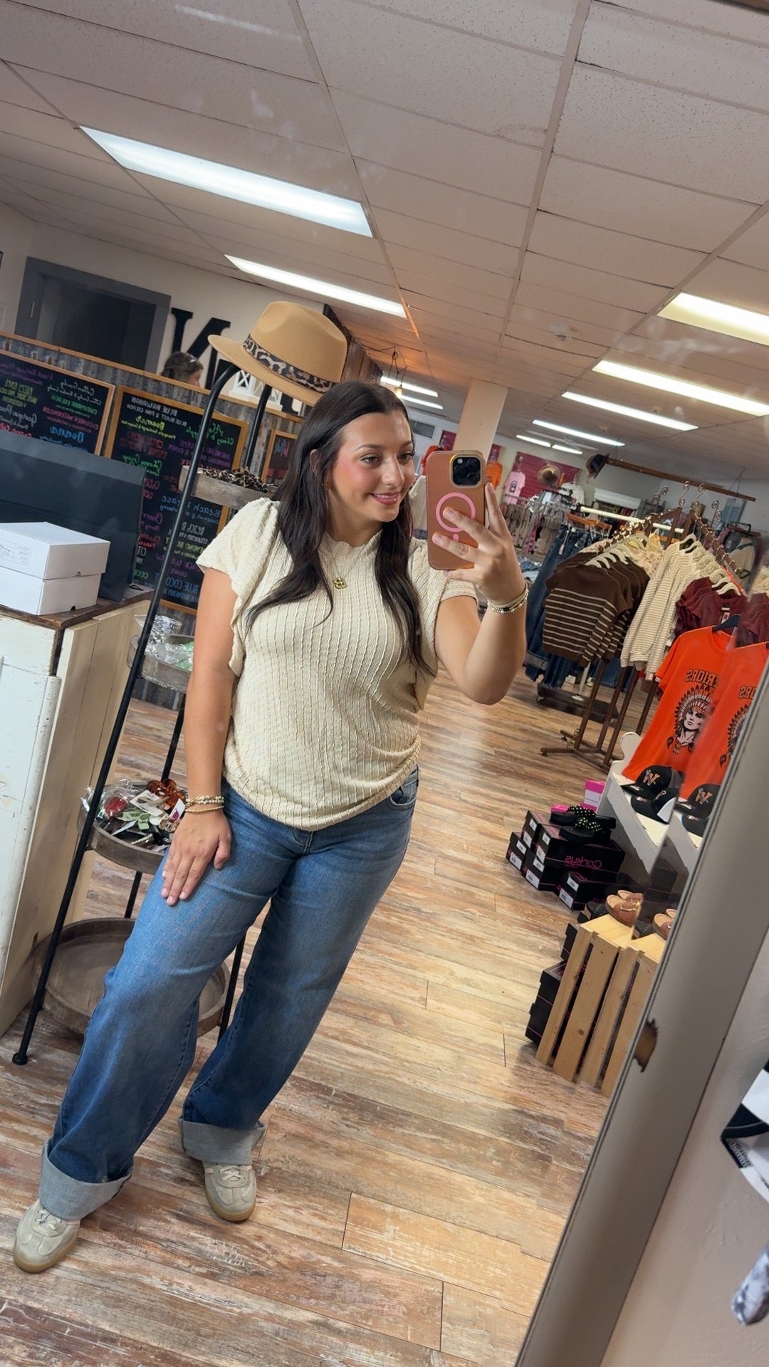 Tan Round Neck Ruffle Sleeve