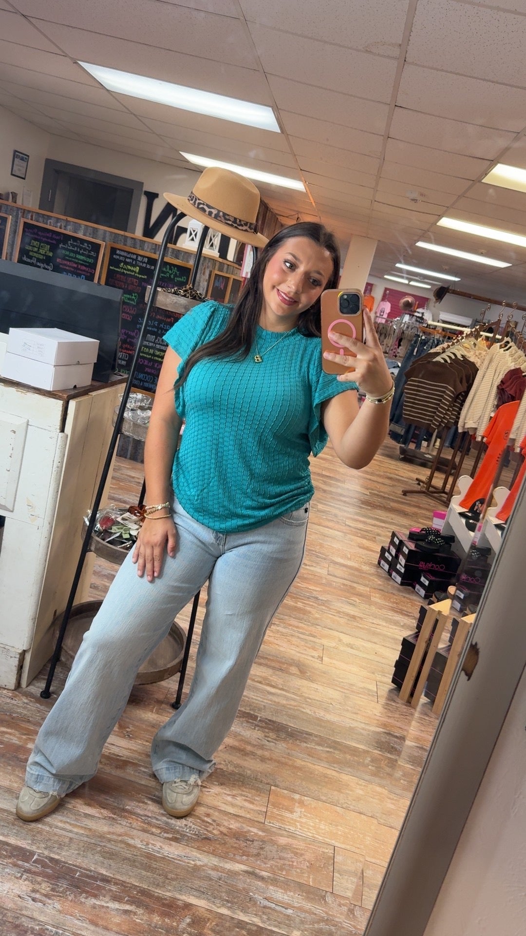 Turquoise Round Neck Ruffle Sleeve