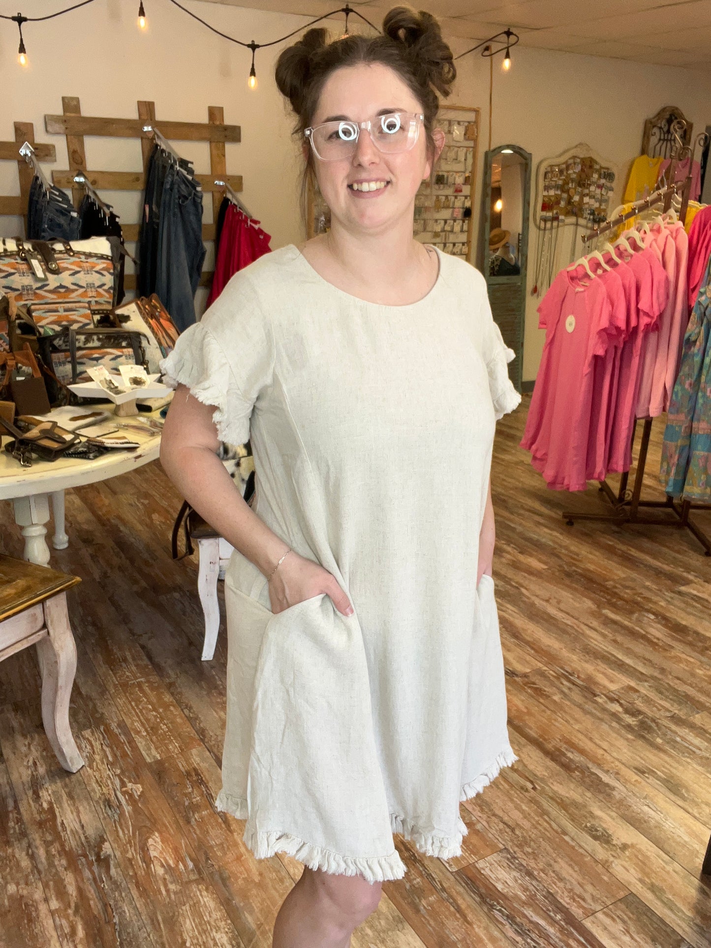 Plus Umgee Oatmeal Linen Fringed Edges With Pocket Dress