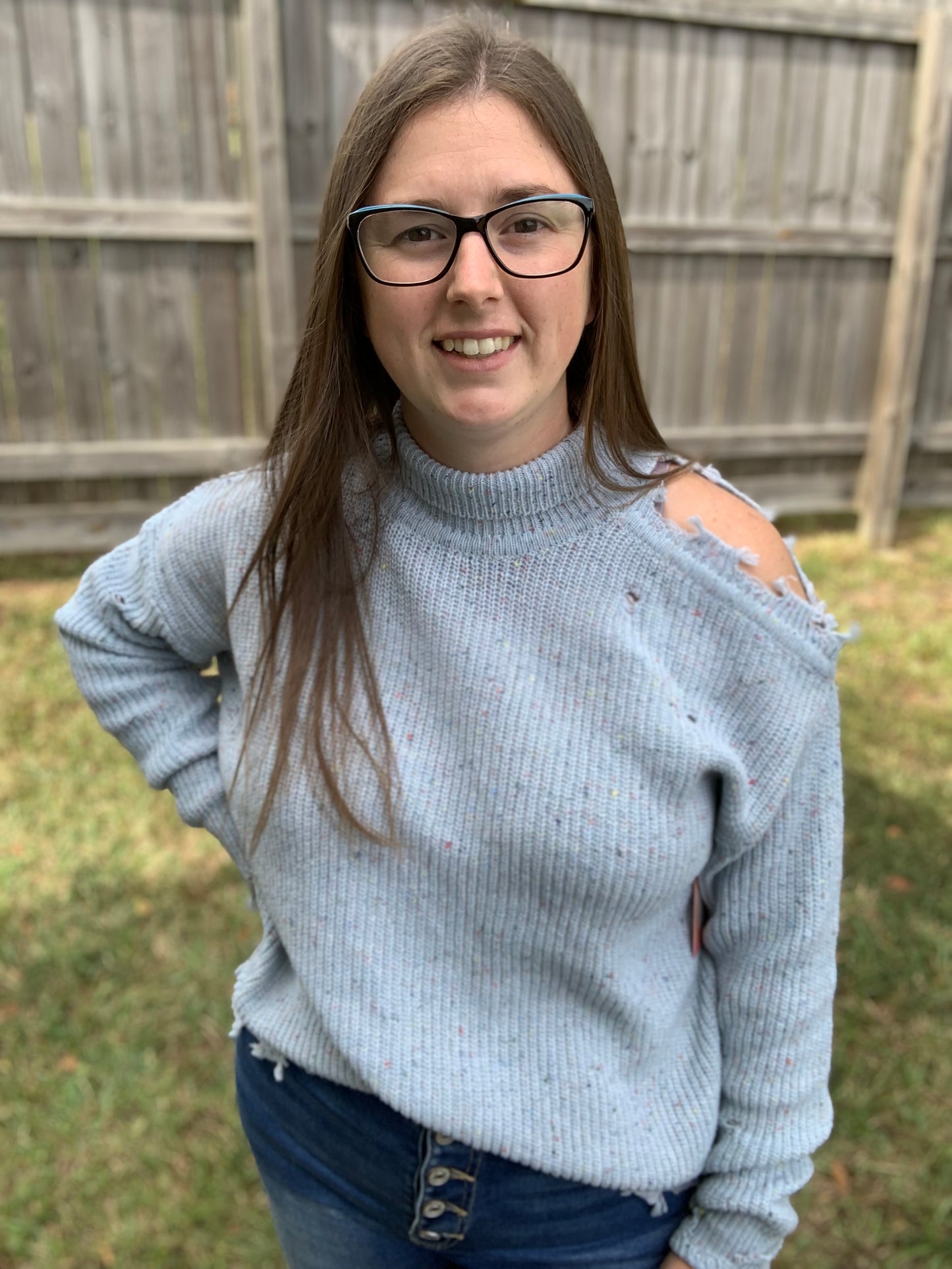 Blue Grey Turtleneck Cold Shoulder Sweater