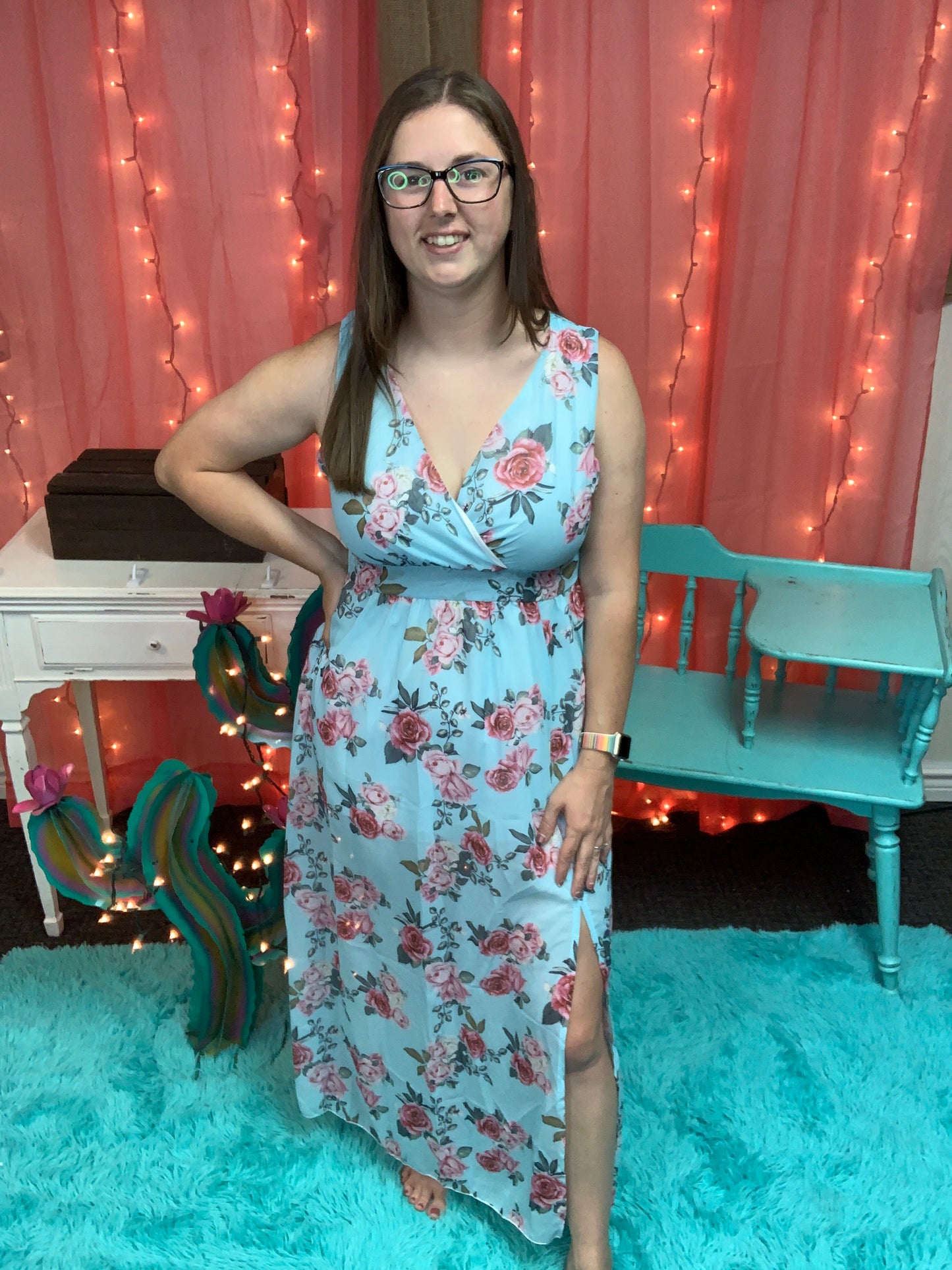 Blue Floral Sleeveless Dress