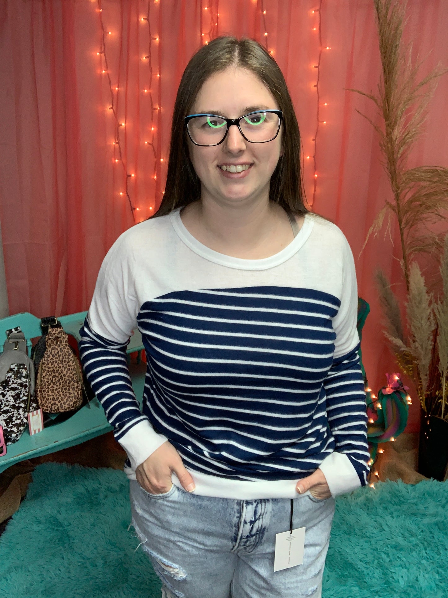 Navy Brushed Long Sleeve Stripe Top