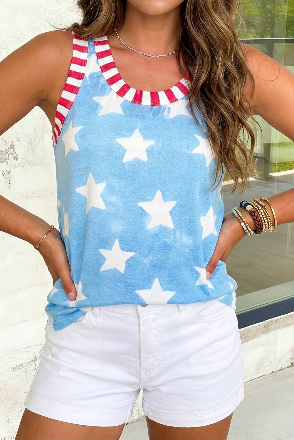 Star Print Striped Casual Tank Top