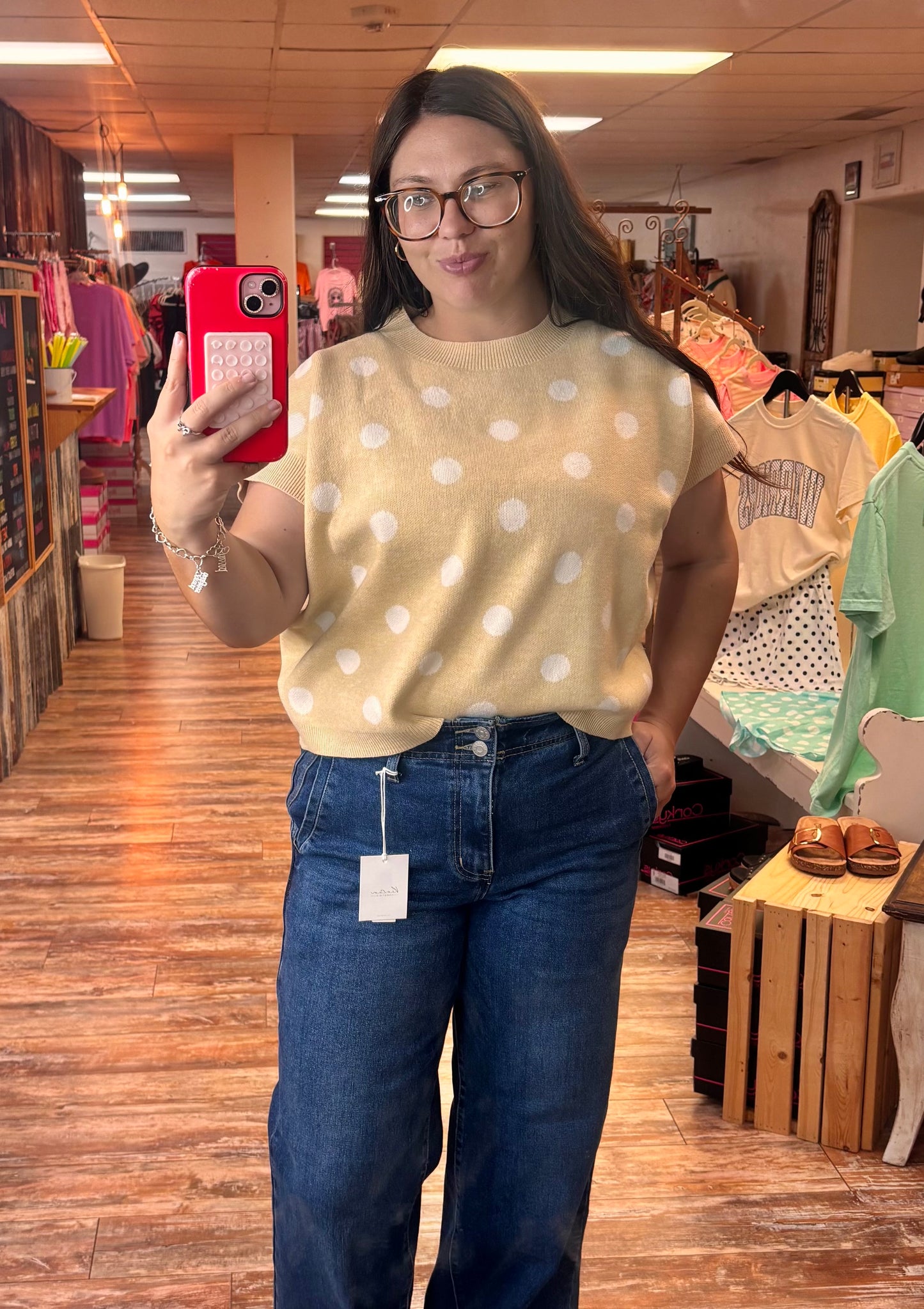 Polka Dot Knit Sleeveless Top - Lemon/Beige