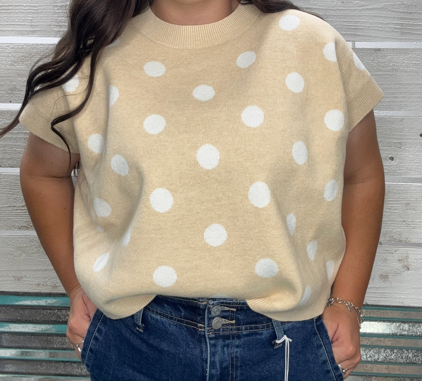 Polka Dot Knit Sleeveless Top - Lemon/Beige
