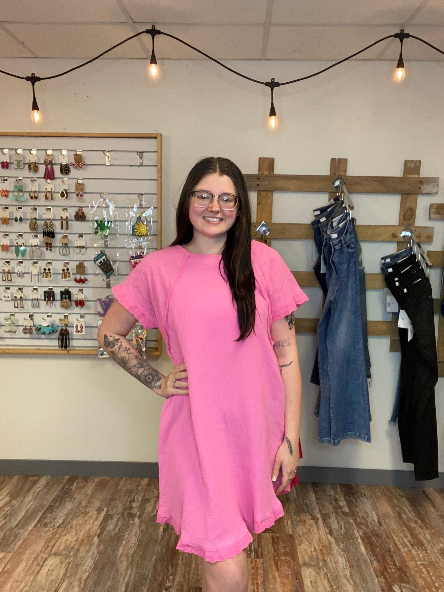 Plus Umgee Pink Cotton Gauze With Eyelet Sleeves Dress