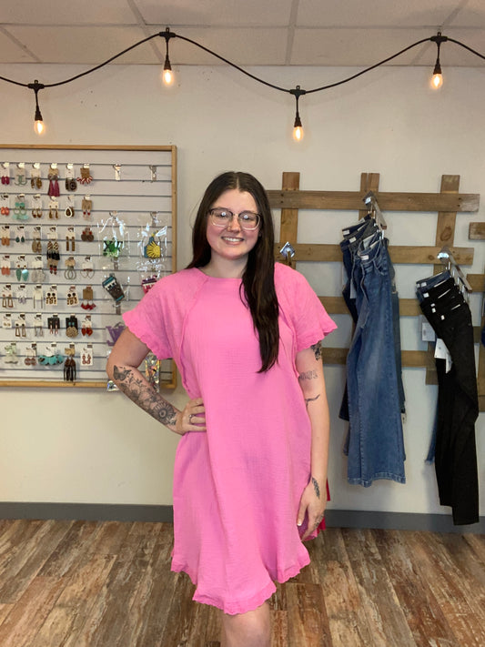Plus Umgee Pink Cotton Gauze With Eyelet Sleeves Dress