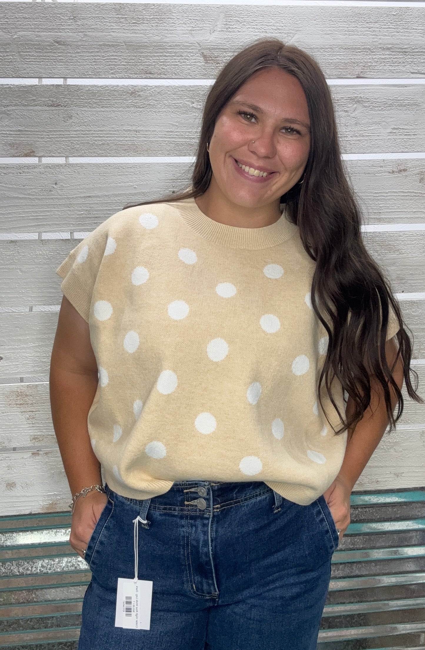 Polka Dot Knit Sleeveless Top - Lemon/Beige