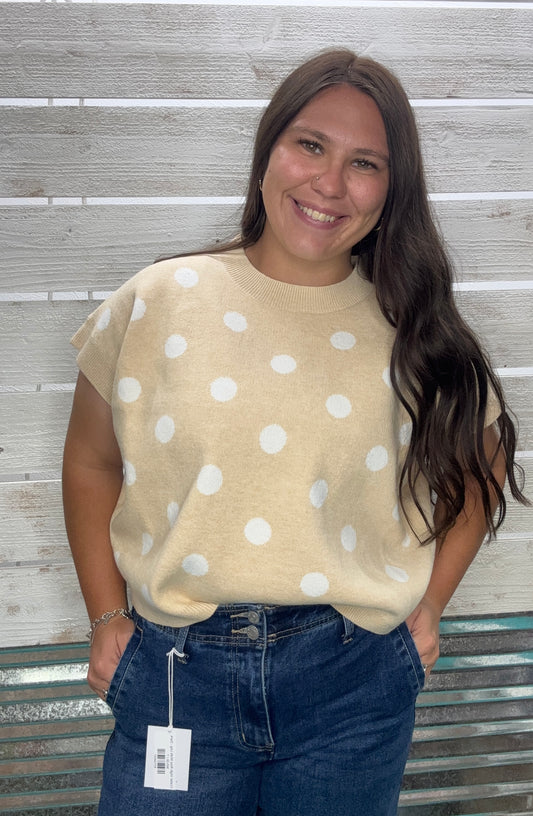 Polka Dot Knit Sleeveless Top - Lemon/Beige
