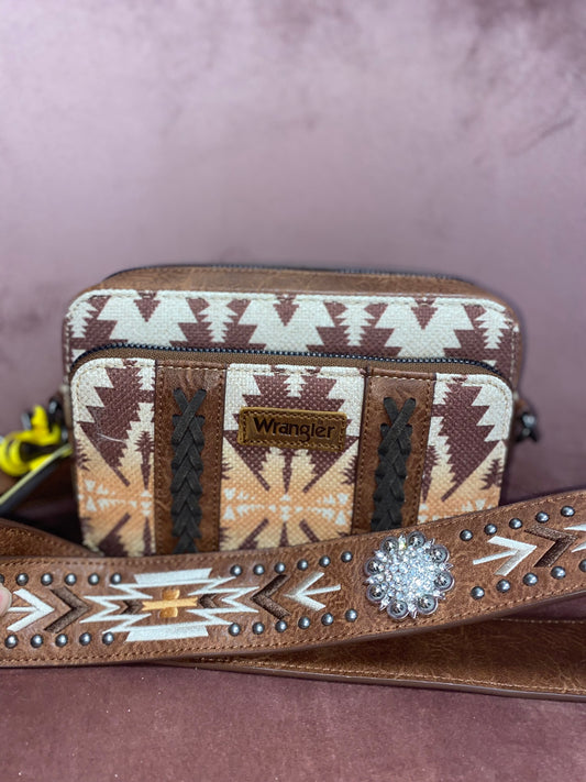 Wrangler Light Coffee Aztec Crossbody Purse with Wallet Compartment