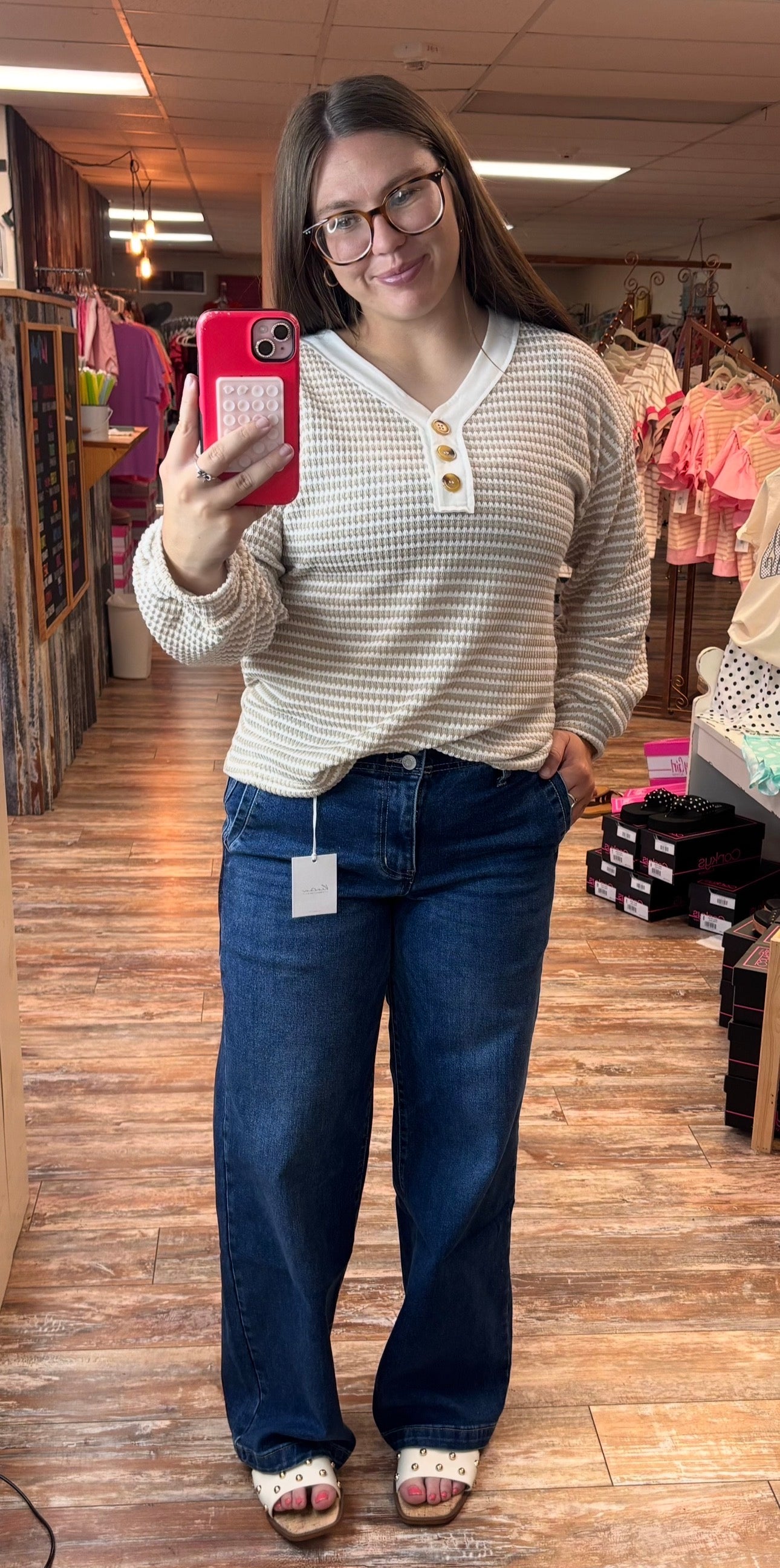 Striped Waffle Knit Long Sleeve Top