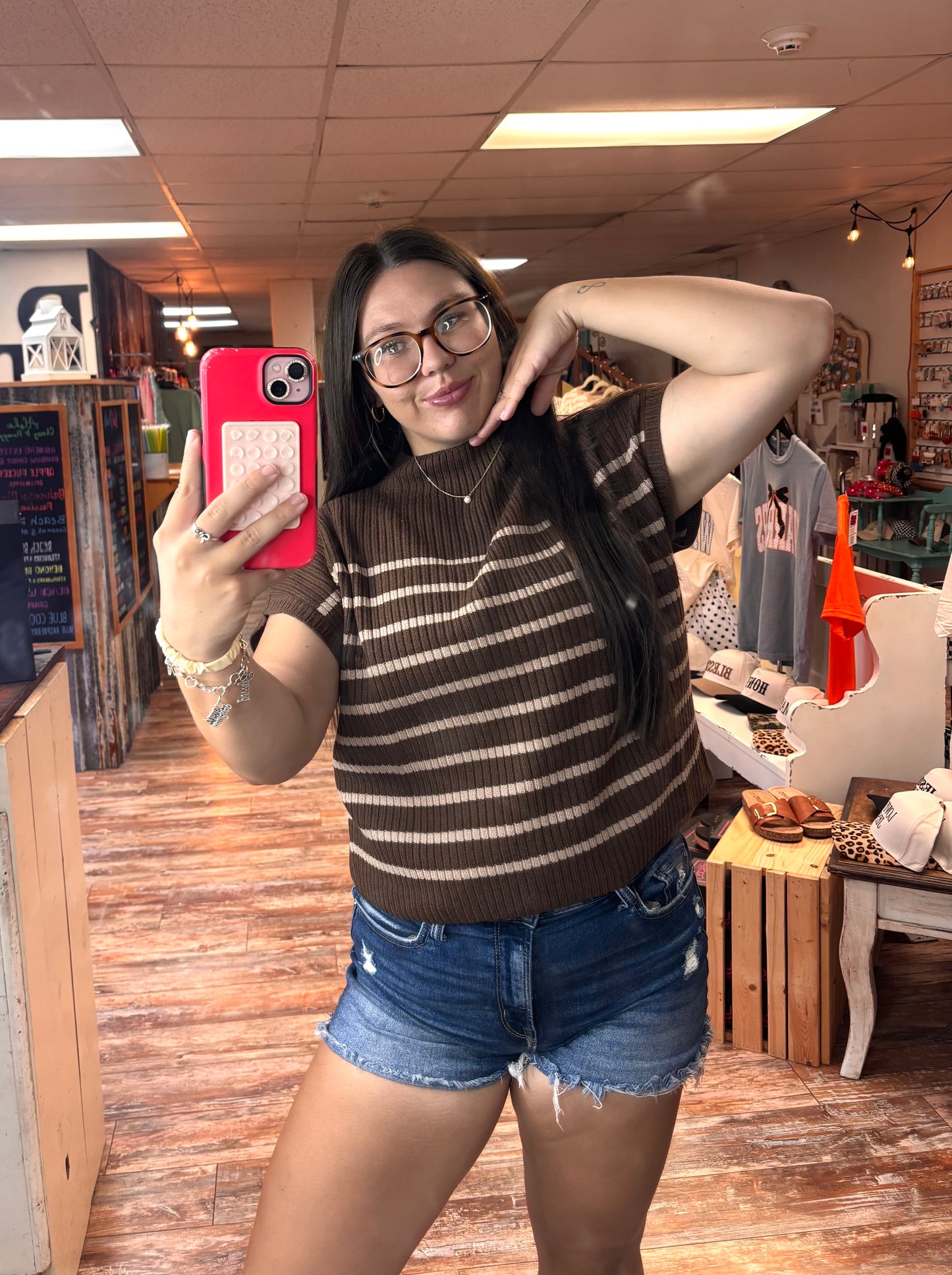 Striped Short Sleeve Knit Sweater