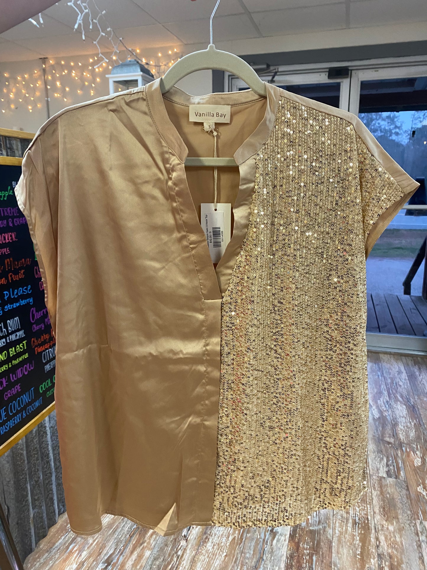 Gold Short Sleeve Sequin Satin V-Neck Top