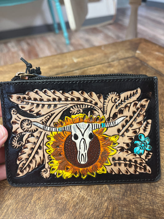 Longhorn Flower Mini Handtooled Card Holder