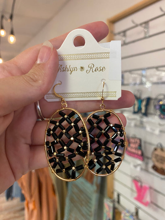 Black Bead Oval Earrings