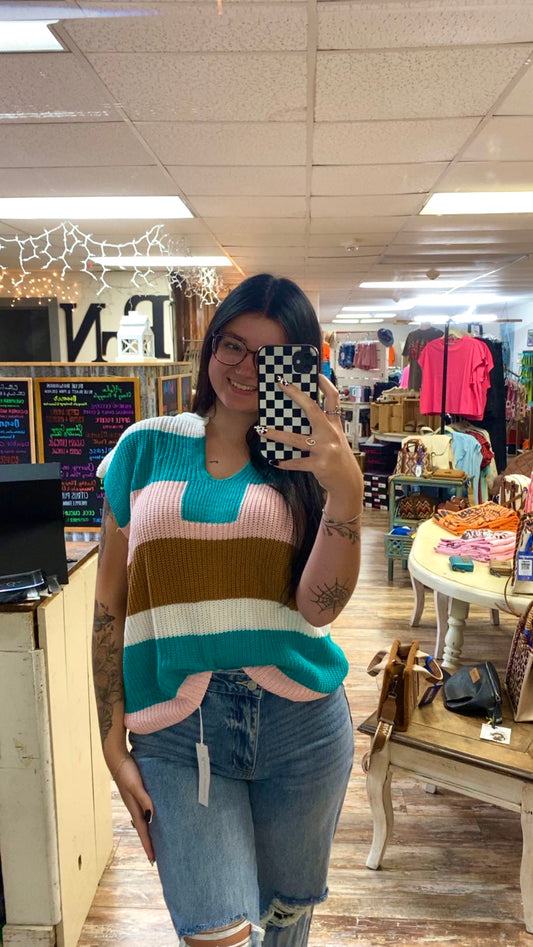 Color Block Striped Knit Short Sleeve