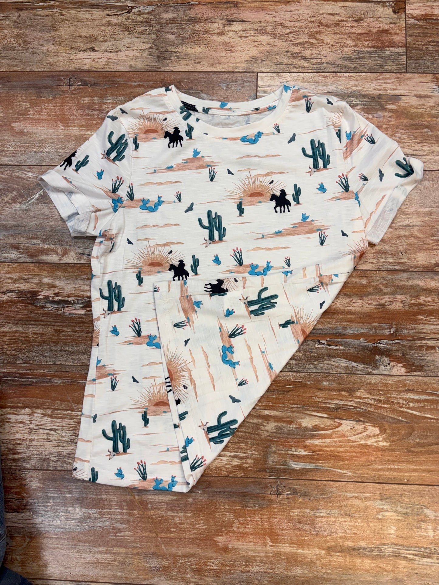 Beige Western Cactus Print Short Sleeve Top