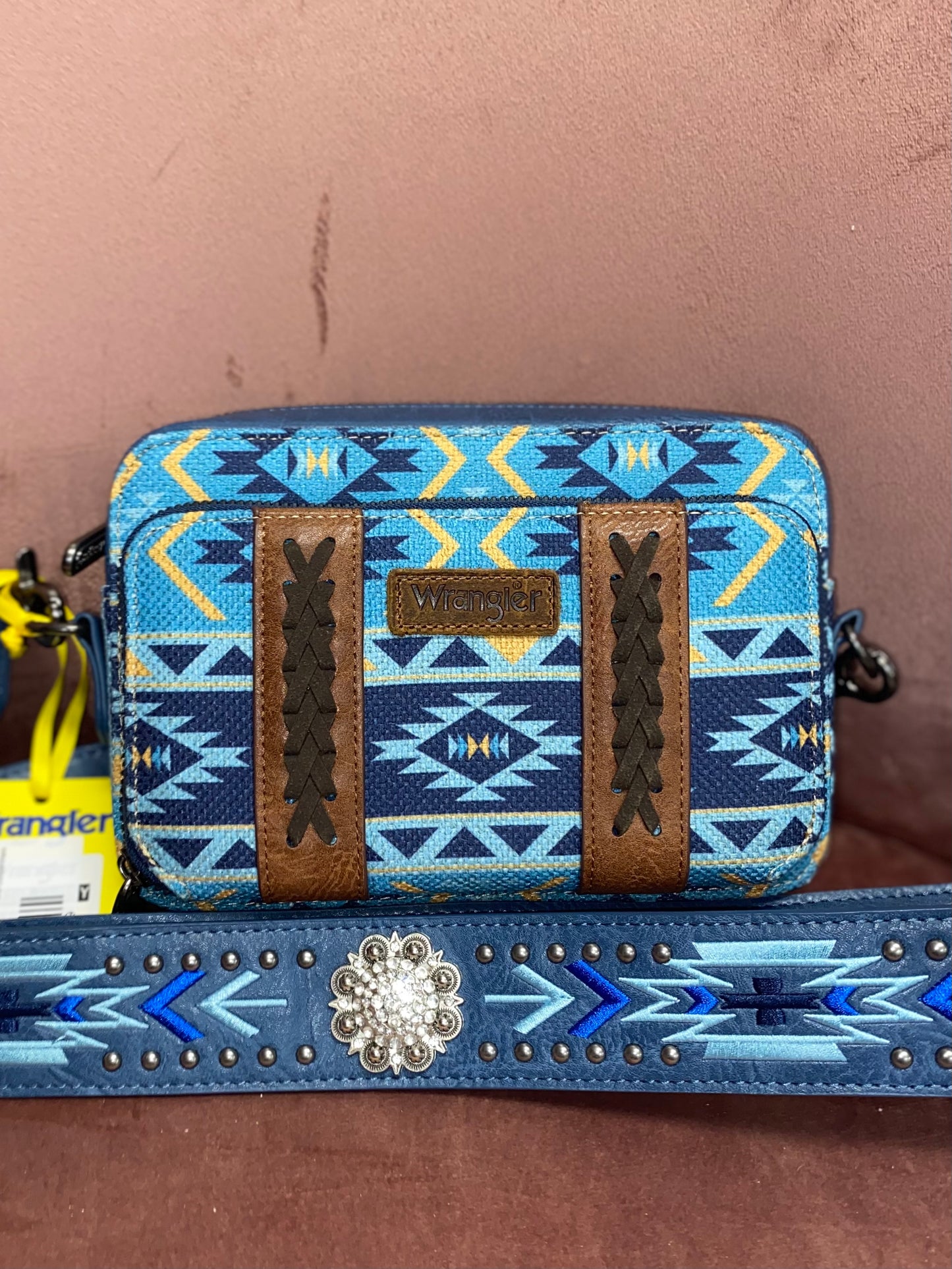 Wrangler Navy Aztec Crossbody Purse with Wallet Compartment