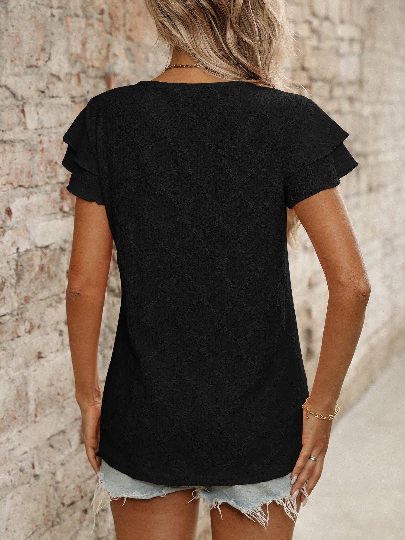 Women’s Eyelet Short Sleeve Top Ruffle Blouse