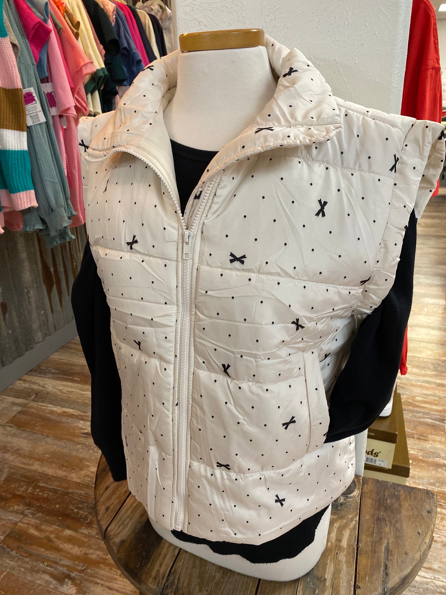Polka Dot & Bow Zip Up Puffer Vest