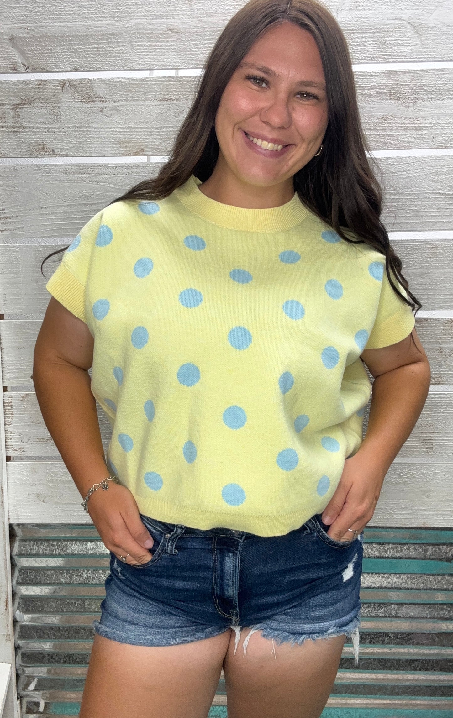 Polka Dot Knit Sleeveless Top - Lemon/Beige