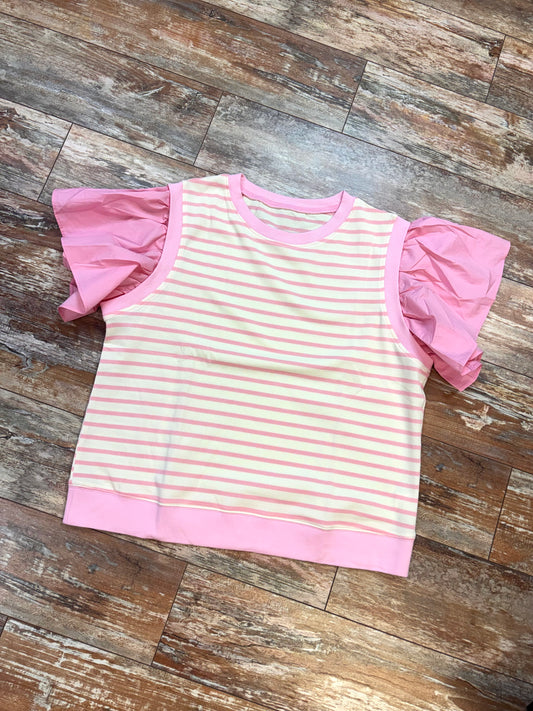 Striped Pink Ruffle Short Sleeve Top