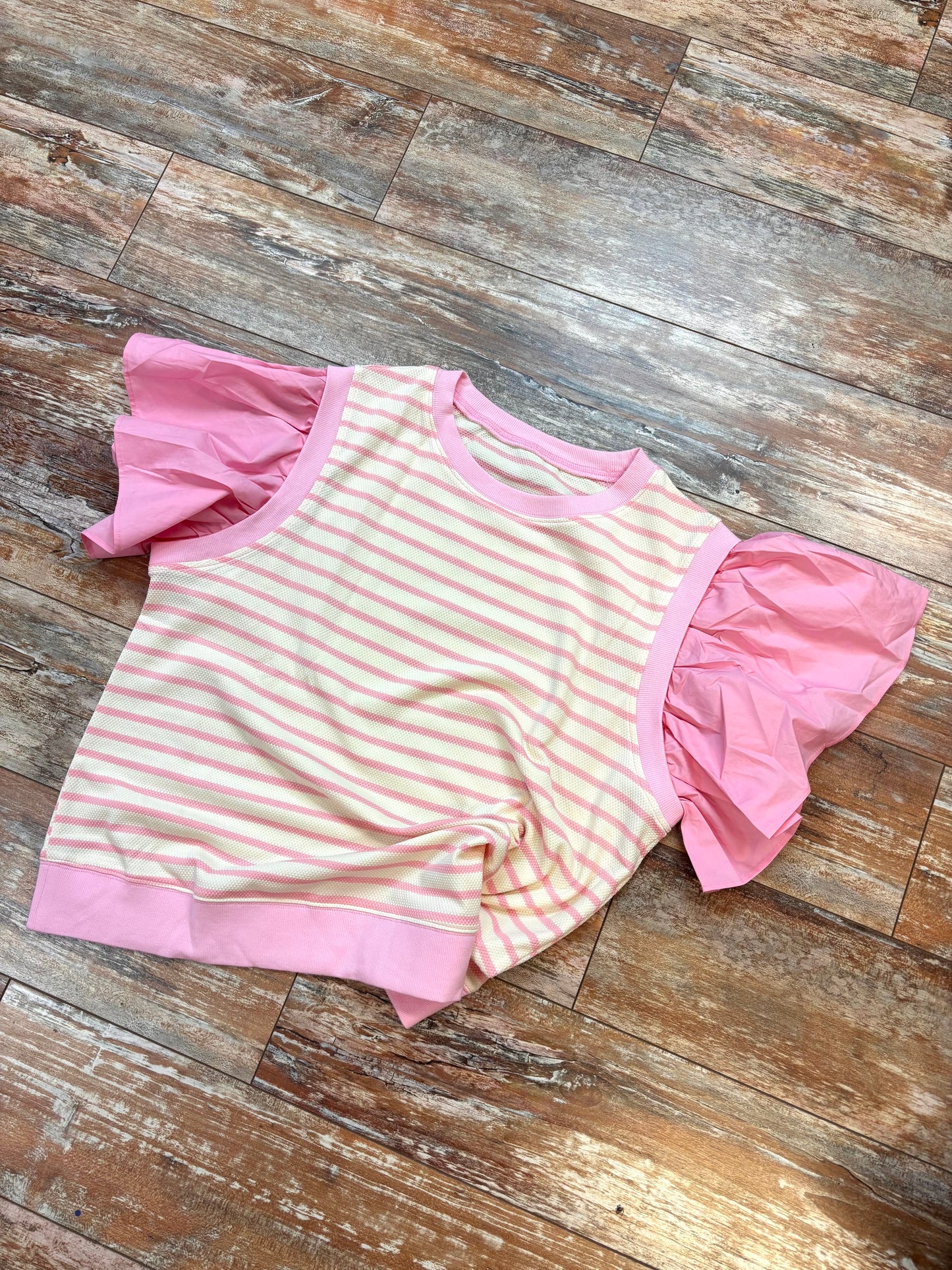 Striped Pink Ruffle Short Sleeve Top