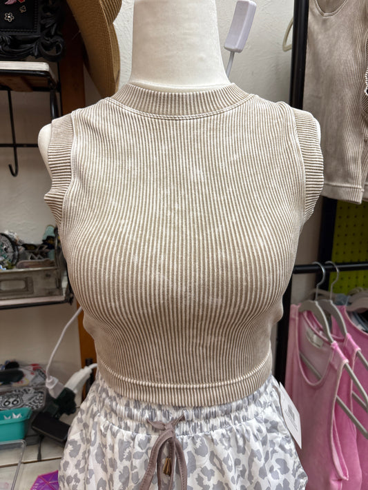 Zenana Stone Washed Ribbed Seamless Crop W/ Pads