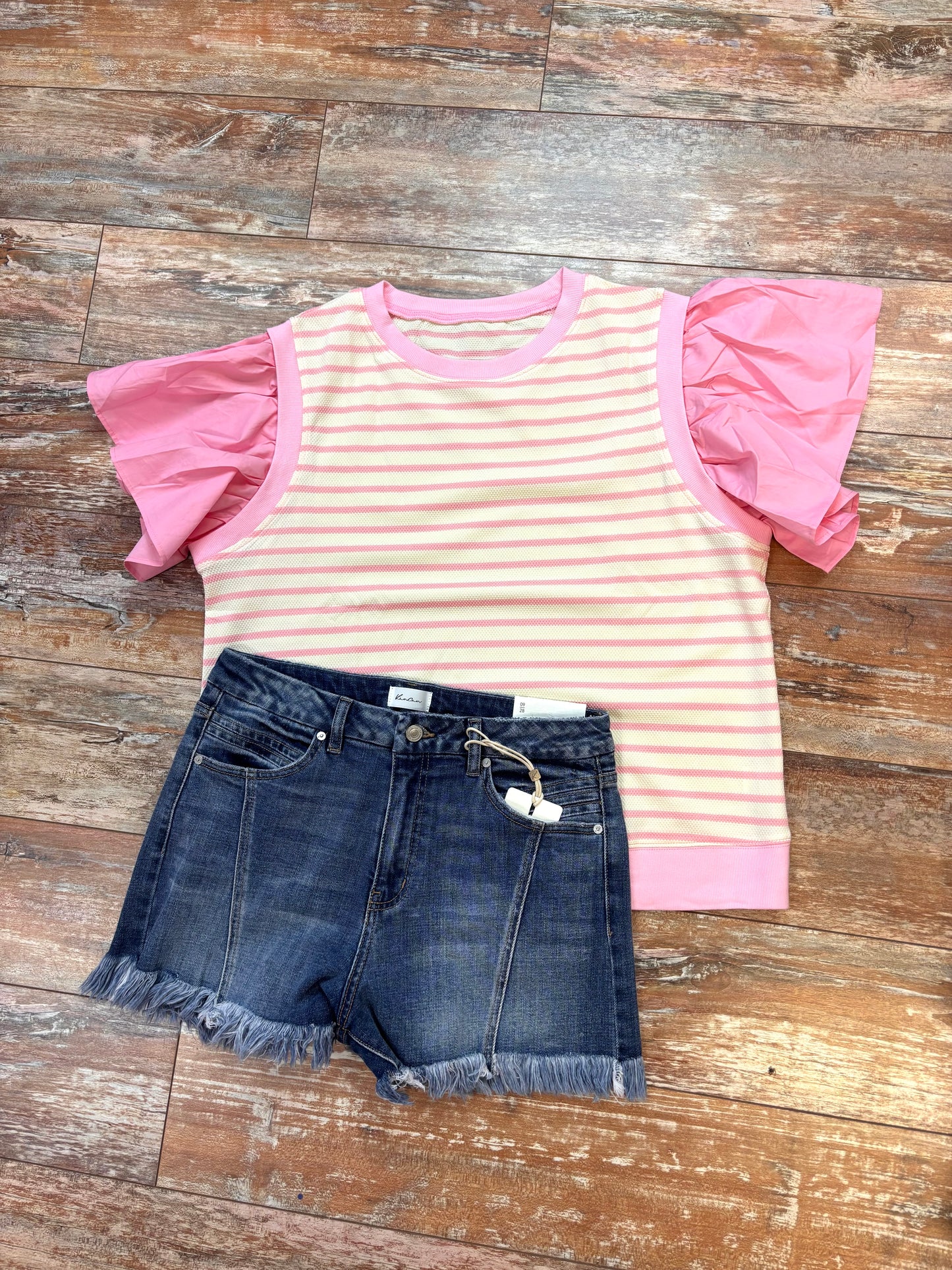 Striped Pink Ruffle Short Sleeve Top