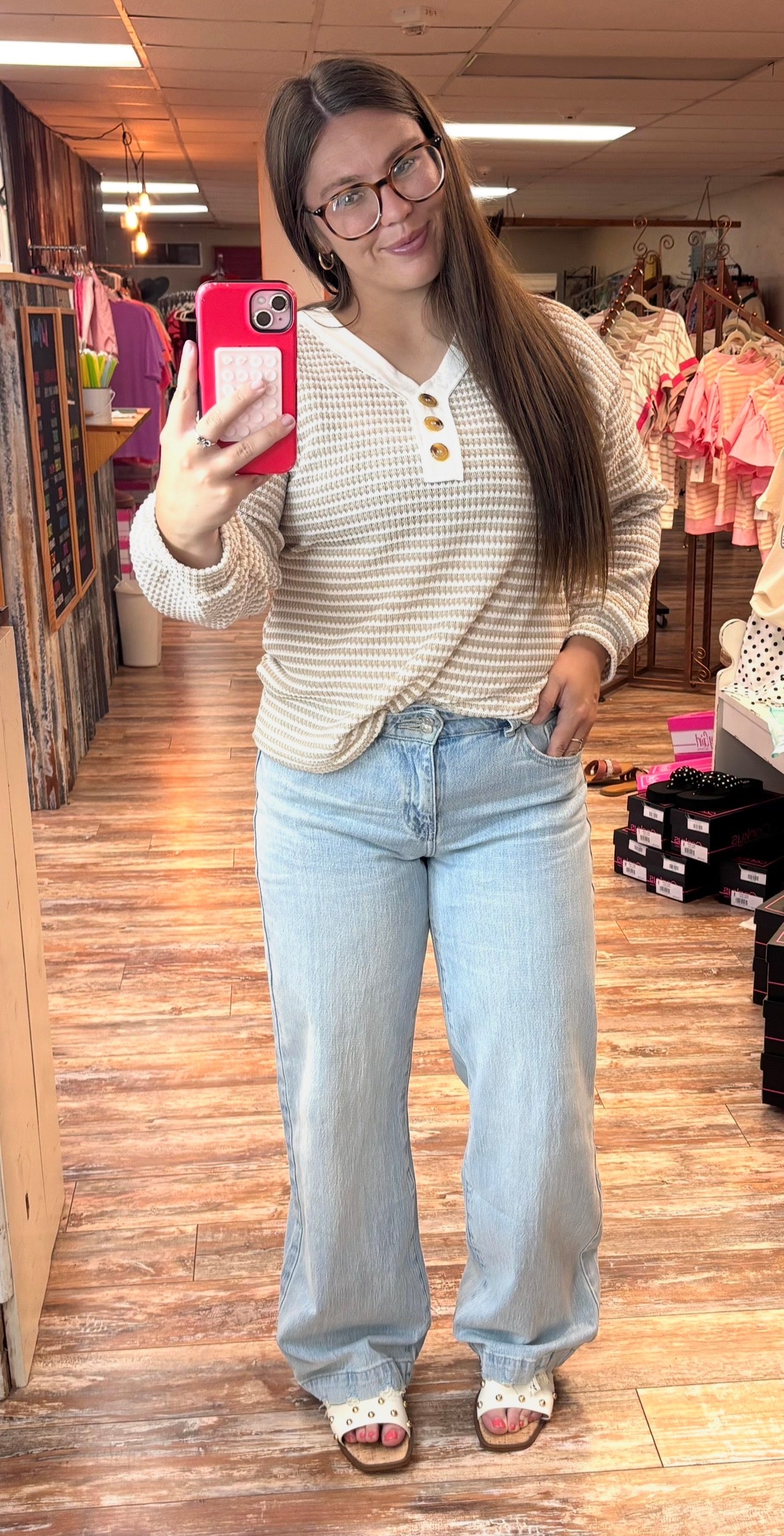 Striped Waffle Knit Long Sleeve Top
