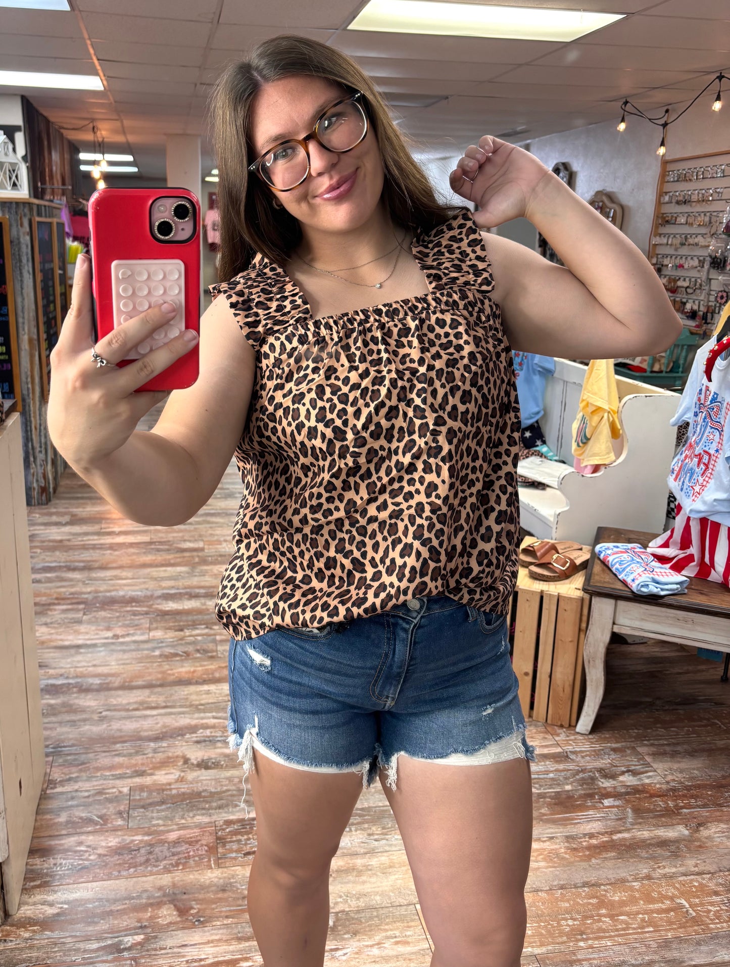 Leopard Print Ruffle Strap Tank Top