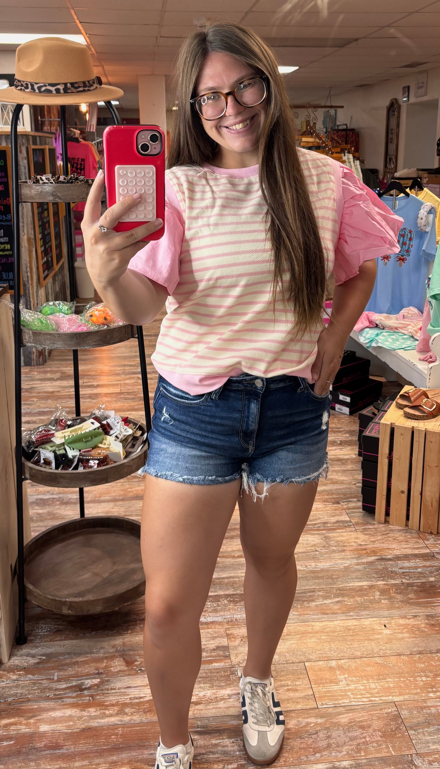 Striped Pink Ruffle Short Sleeve Top
