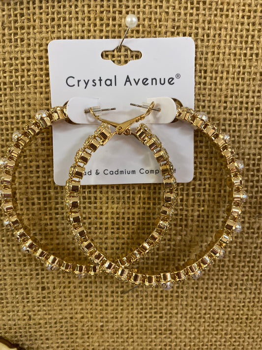 Gold Rhinestone Pearl Earring 60mm