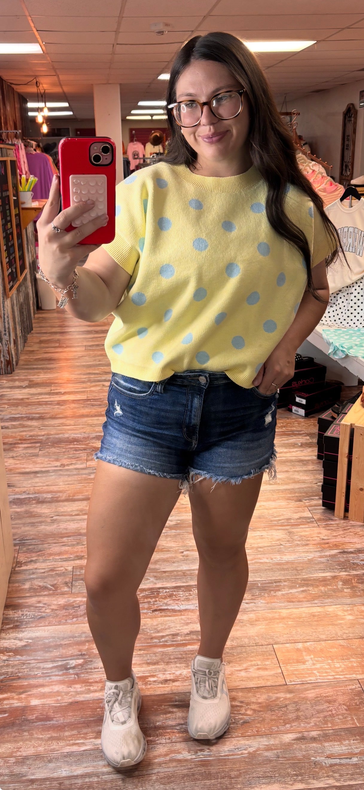 Polka Dot Knit Sleeveless Top - Lemon/Beige