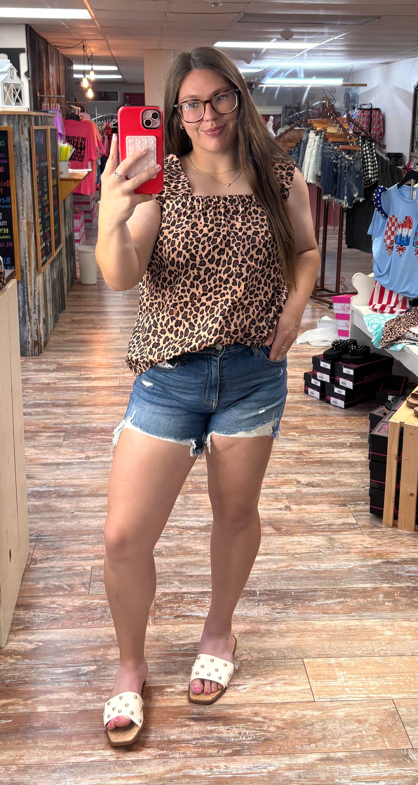 Leopard Print Ruffle Strap Tank Top
