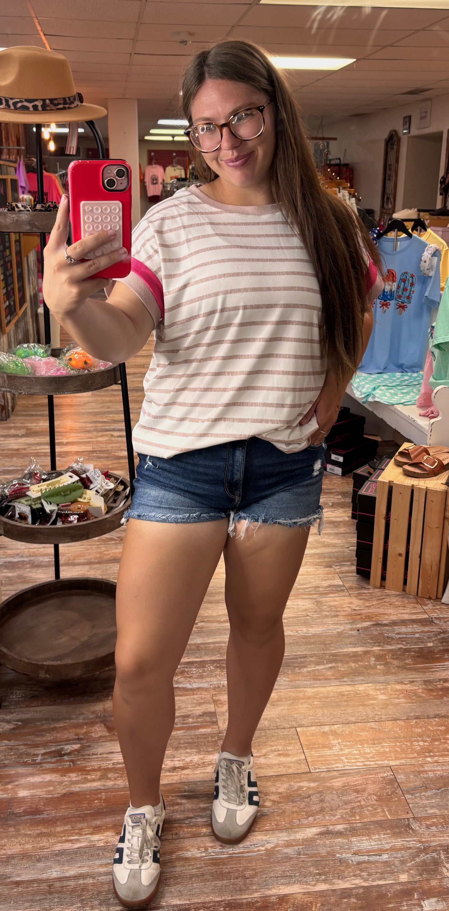 Striped Colorblock Trim Short Sleeve Top