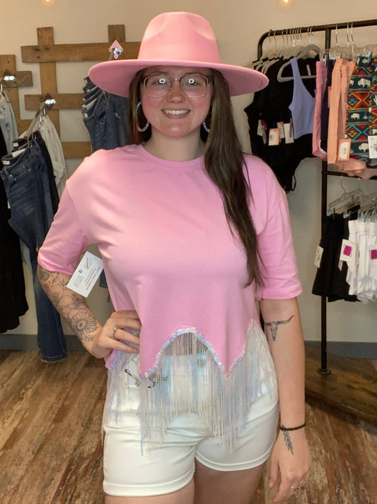 Casual Pink Fringe Sequin Hem Cropped T Shirt