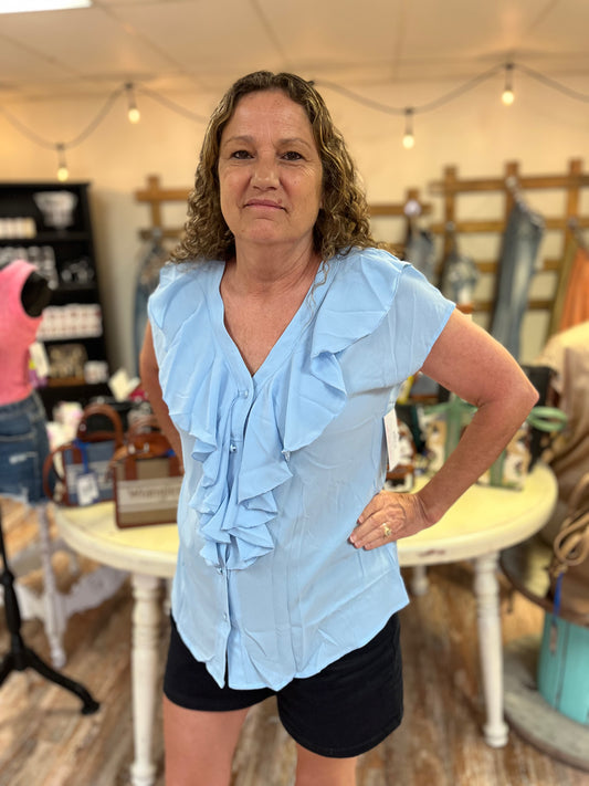 Baby Blue Button Ruffle Blouse