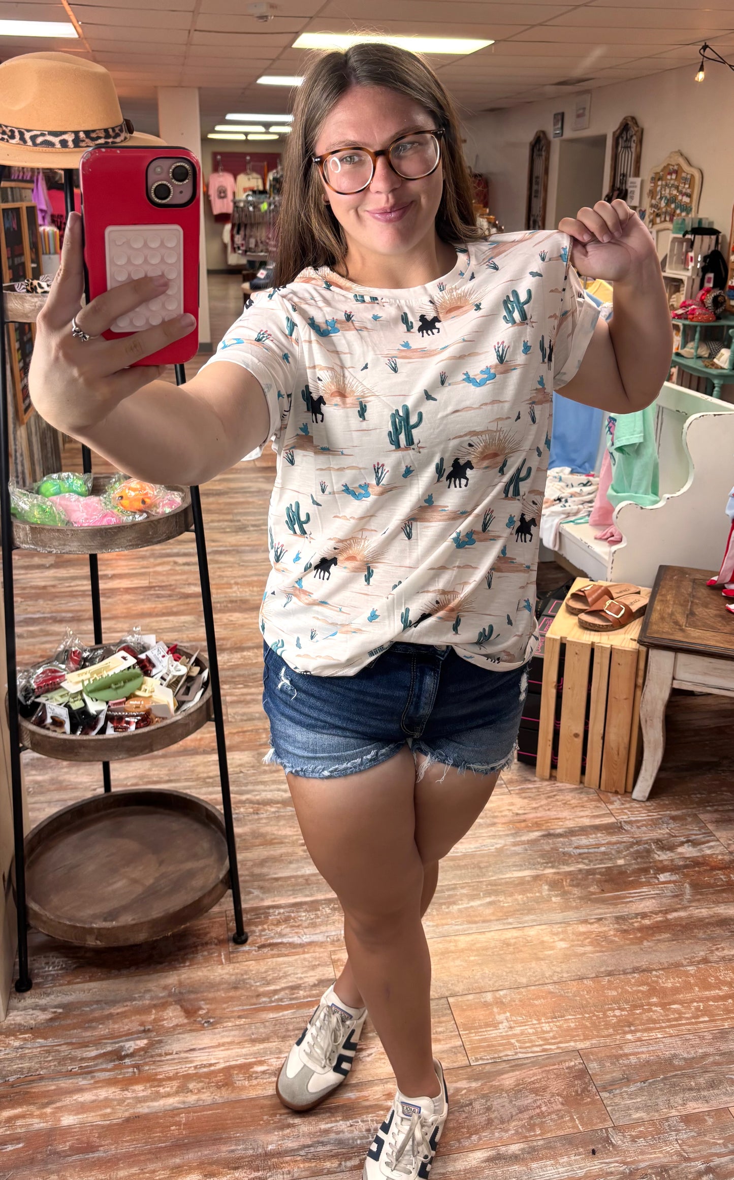 Beige Western Cactus Print Short Sleeve Top