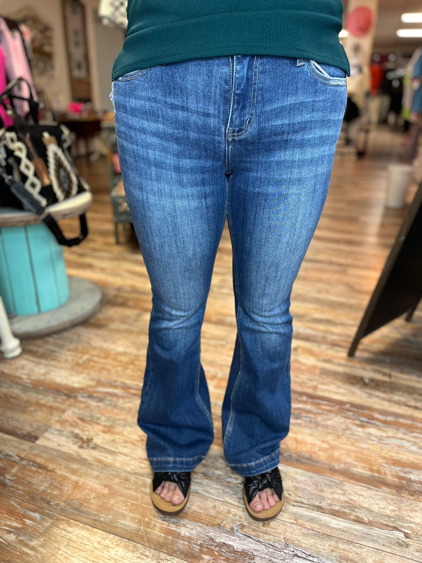Kancan Medium Wash Petite Mid Rise Flare Jeans